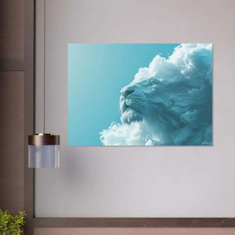 Une impression sur toile sereine aux tons turquoise représentant une tête de lion émergeant des nuages.
