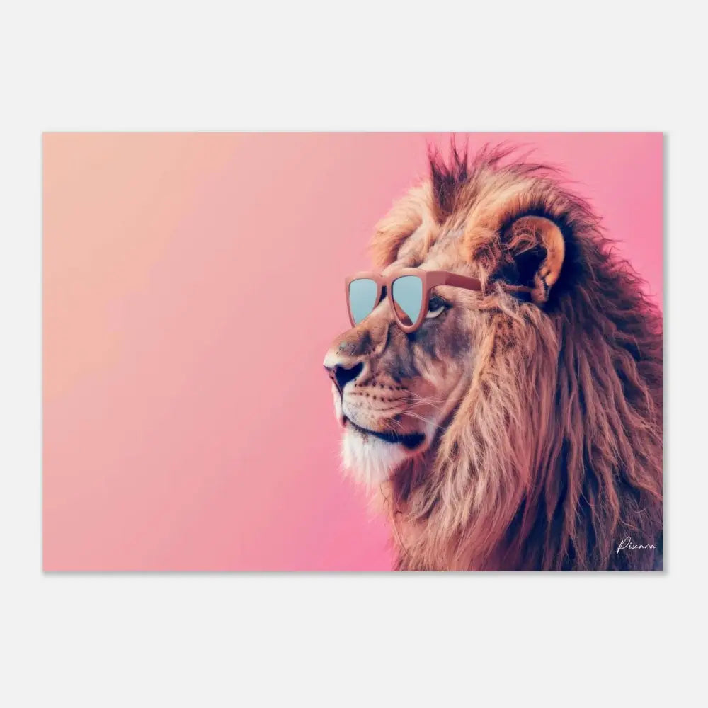 Une impression de portrait de lion stylé mettant en scène un lion mâle majestueux avec une fourrure brun doré et des lunettes de soleil sur un fond dégradé rose doux.