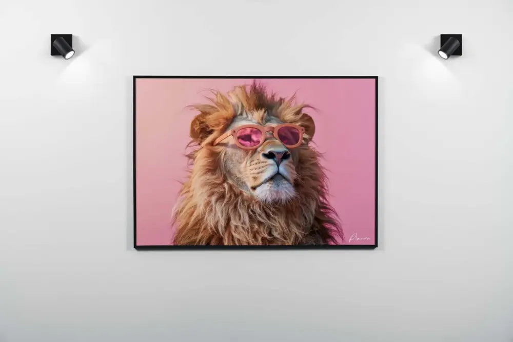 Un portrait encadré d’un lion à crinière dorée portant des lunettes de soleil teintées en rose sur un fond rose doux.