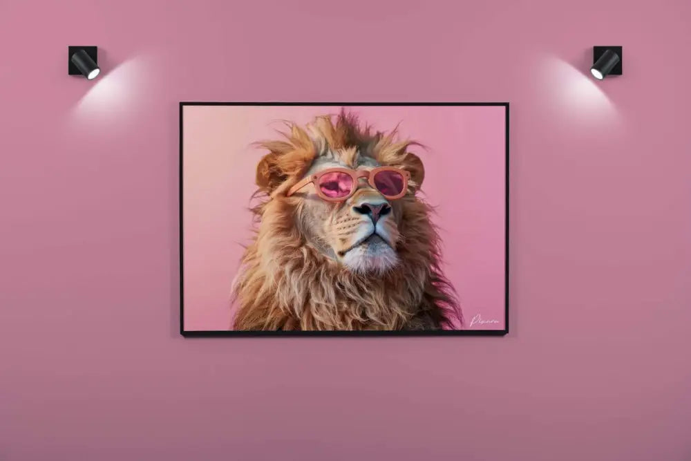 Un portrait encadré d’un lion portant des lunettes de soleil roses sur un fond rose doux.