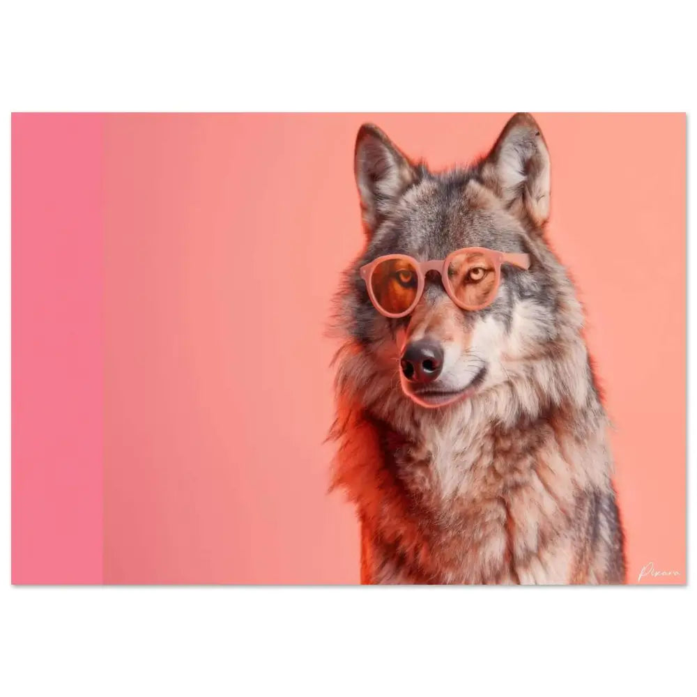 Un loup gris au look stylé et moderne portant des lunettes de soleil de couleur pêche sur un fond corail vibrant.