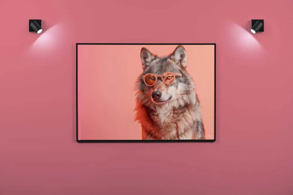 Un portrait encadré d’un loup gris portant des lunettes de soleil orange stylées, sur un fond rose doux.