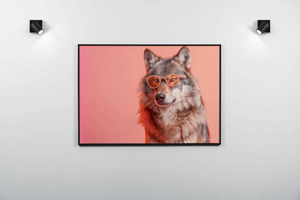Un portrait encadré d’un loup portant des lunettes de soleil orange teintées élégantes sur un fond corail.