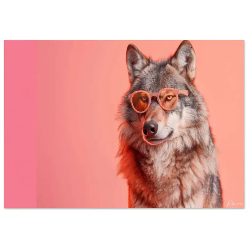 Un loup gris au look stylé et moderne portant des lunettes de soleil de couleur pêche sur un fond corail vibrant.