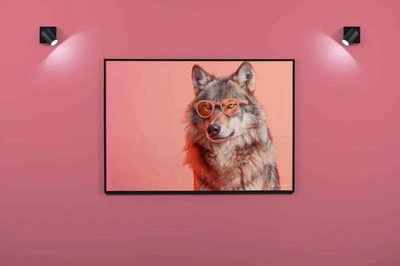 Un portrait encadré d’un loup gris portant des lunettes de soleil orange stylées, sur un fond rose doux.