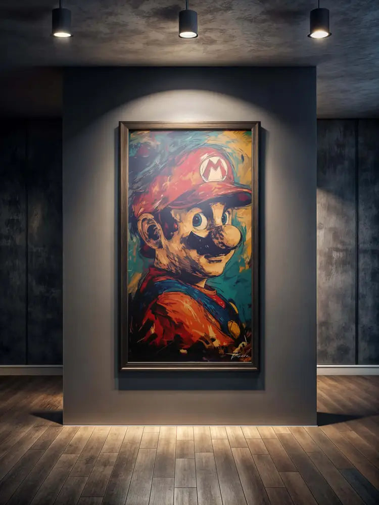 Portrait vibrant et expressif de Mario avec un bonnet rouge audacieux et une salopette bleue, encadré dans un bois sombre élégant.
