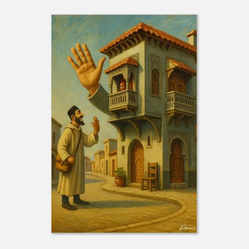 Une peinture à l’huile vibrante dépeignant un homme en tenue traditionnelle saluant quelqu’un à l’intérieur d’un bâtiment orné, avec un toit en terracotta, des portes en arche et des balcons.