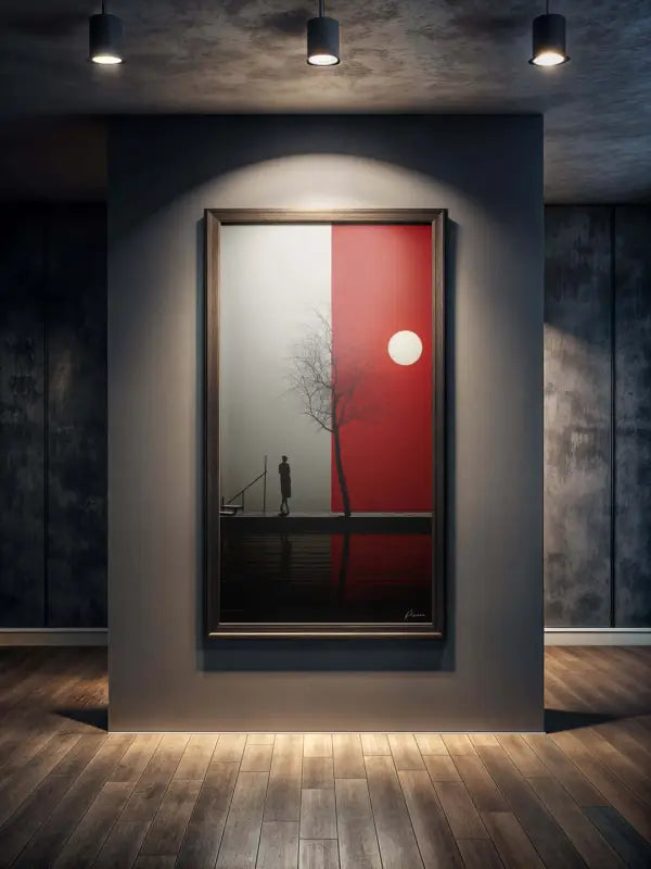Une œuvre d’art encadrée présentant une scène minimaliste avec une figure solitaire marchant devant un arbre nu, sur un fond divisé en gris sourd et rouge vibrant avec un soleil circulaire blanc.