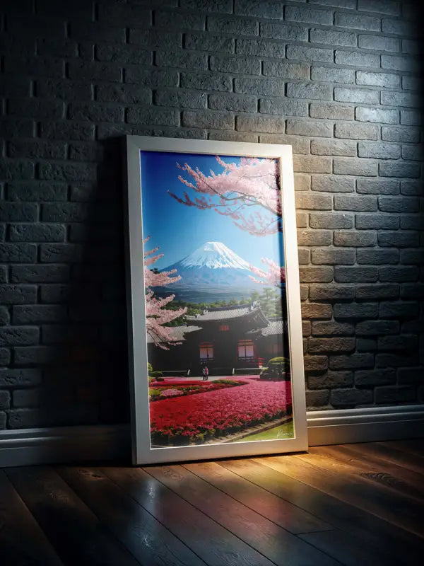 Une impression sur toile à cadre blanc élégant représentant le mont Fuji entouré de cerisiers en fleurs roses et de fleurs rouges vives, sur fond de mur en briques sombres.