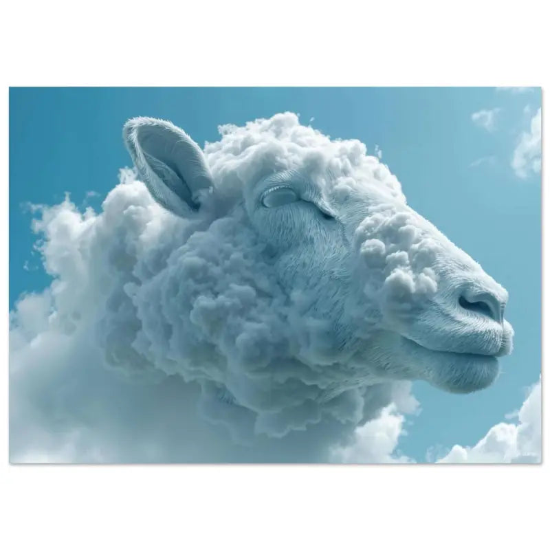 Une tête de mouton blanc sereine sculptée dans un matériau duveteux ressemblant à des nuages, sur fond de ciel bleu clair.