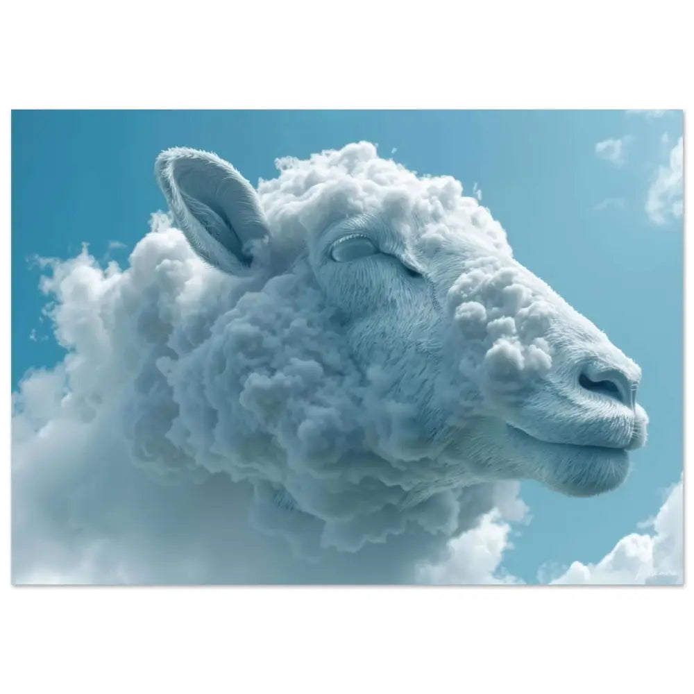 Une tête de mouton blanc sereine sculptée dans un matériau duveteux ressemblant à des nuages, sur fond de ciel bleu clair.
