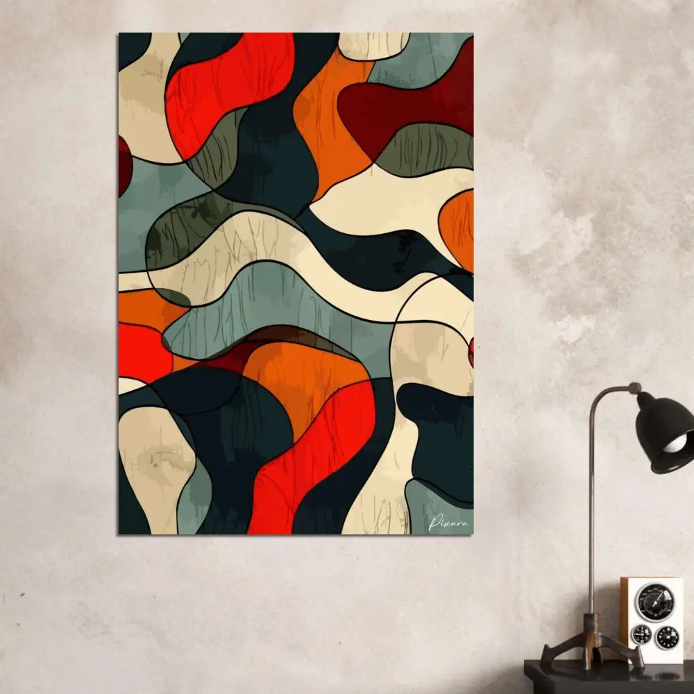 Peinture abstraite sur toile vibrante présentant des formes fluides et organiques en rouges audacieux, oranges, bleus profonds et beiges crémeux.