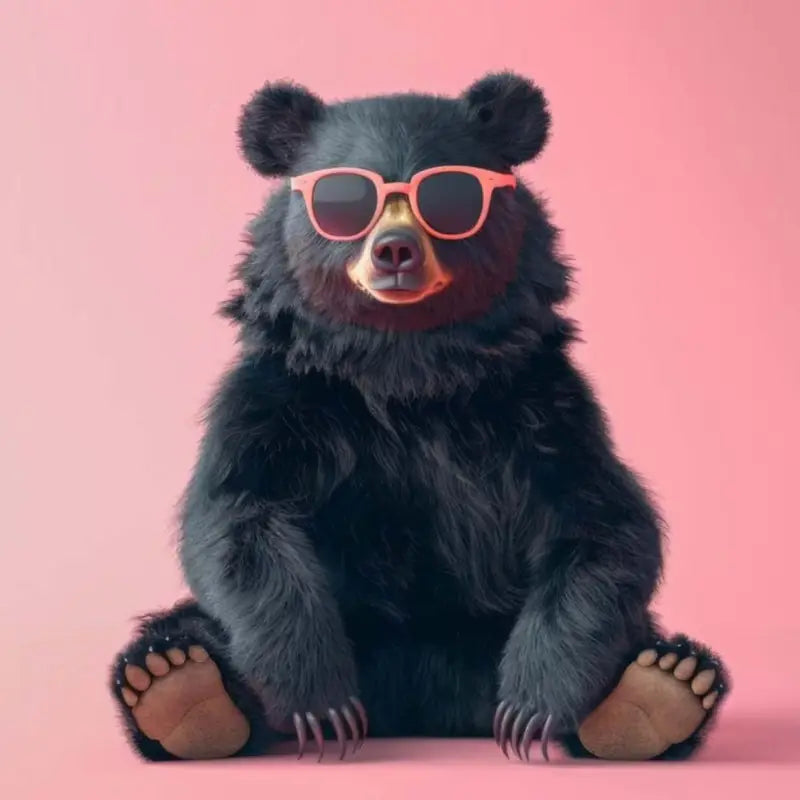 Un ours noir à fourrure duveteuse et lunettes de soleil roses assis sur un fond rose uni.