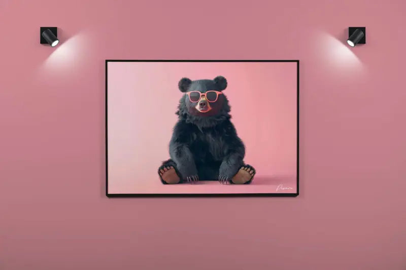 Une œuvre d’art encadrée représentant un ours noir portant des lunettes élégantes à monture orange, sur un fond rose doux.