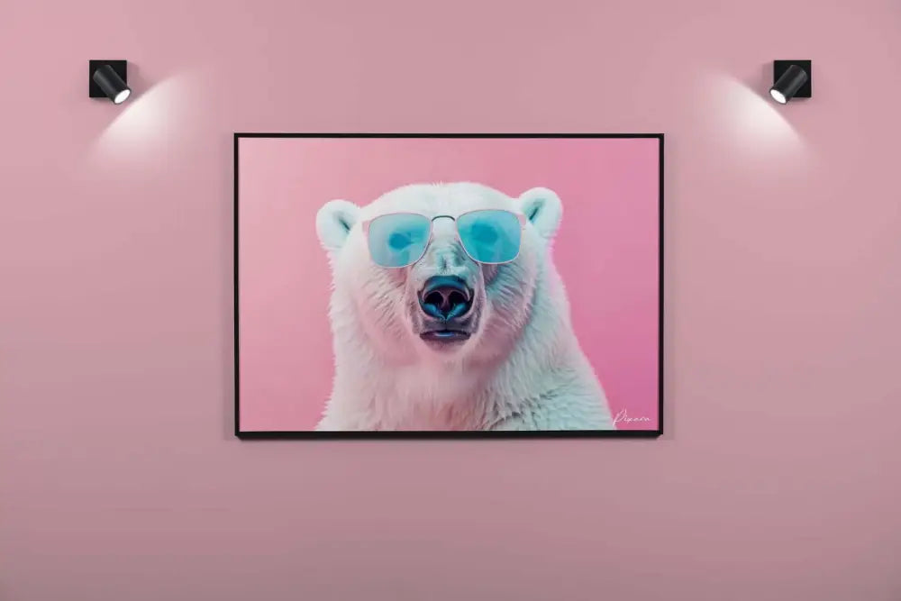 Un portrait encadré d’un ours polaire blanc portant des lunettes de soleil turquoise sur un fond rose.
