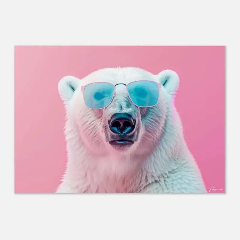 Un ours polaire portant des lunettes de soleil stylées aux verres teintés de bleu sur un fond rose vibrant.