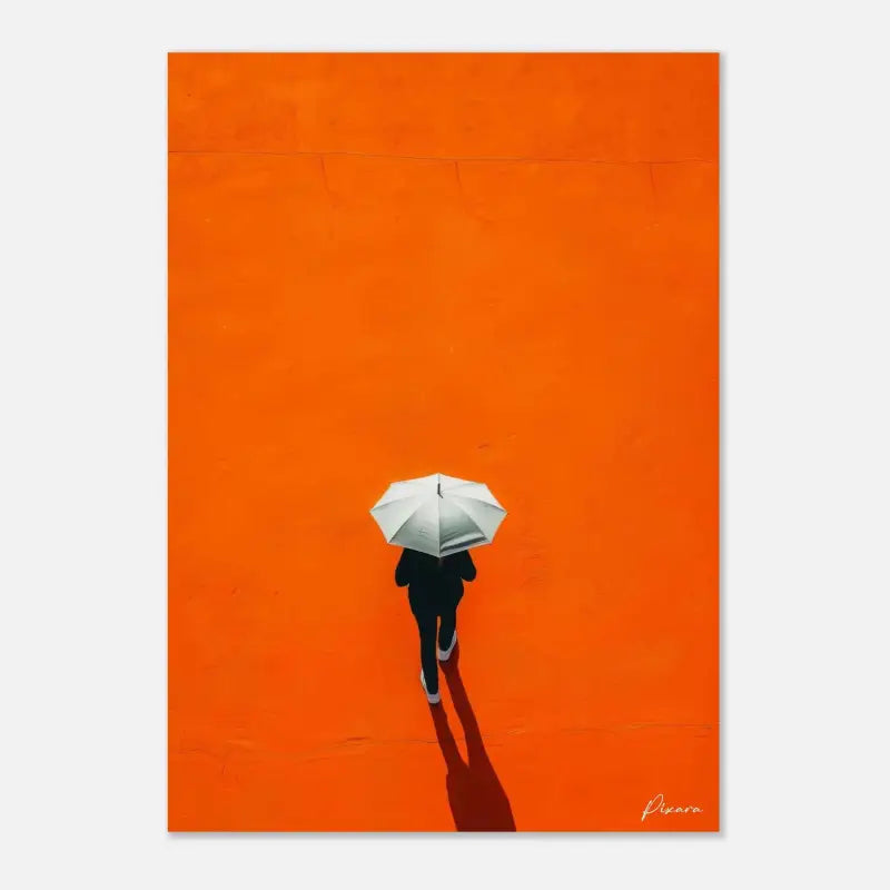 Une estampe artistique minimaliste mettant en scène une silhouette solitaire tenant un parapluie blanc sur un fond orange vibrant.