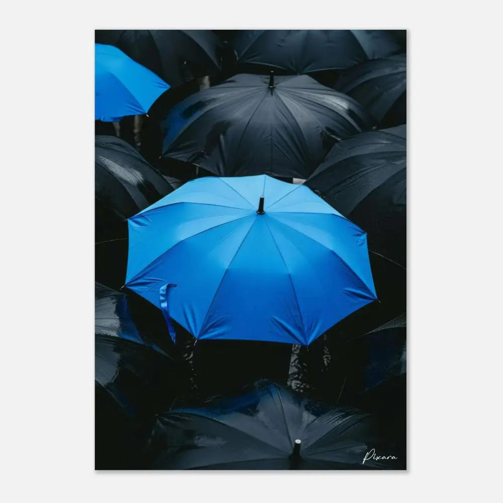 Un parapluie bleu vibrant se distingue au milieu d’une mer de parapluies noirs.