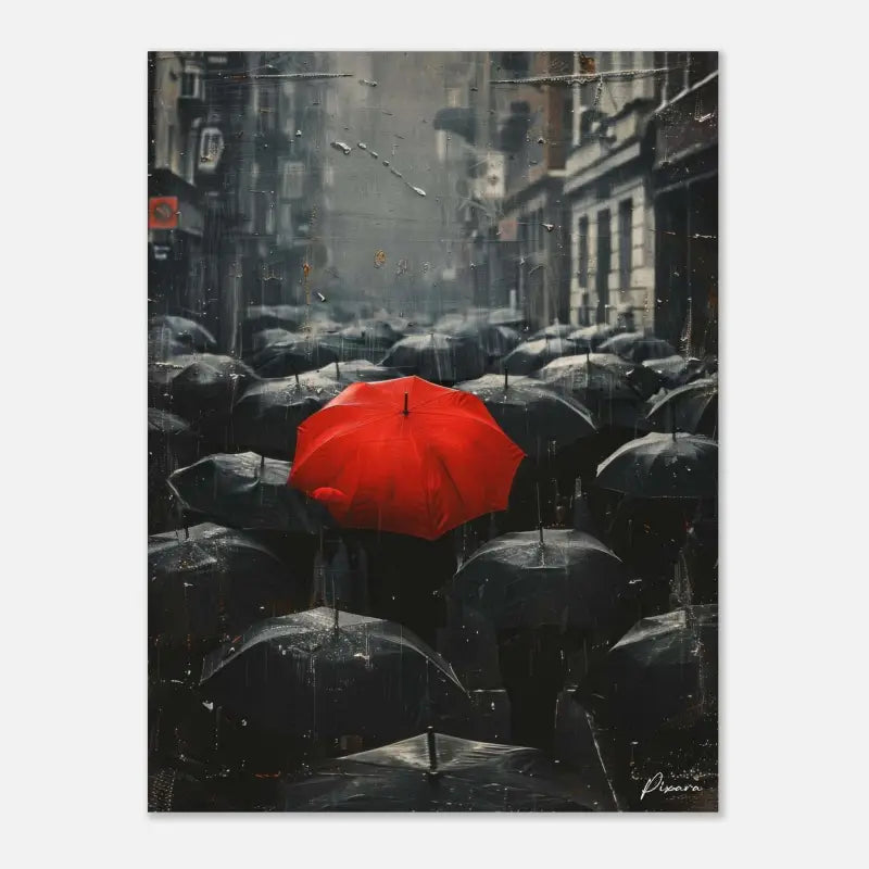 Un parapluie rouge vif se distingue au milieu d’une mer de parapluies noirs sous la pluie.