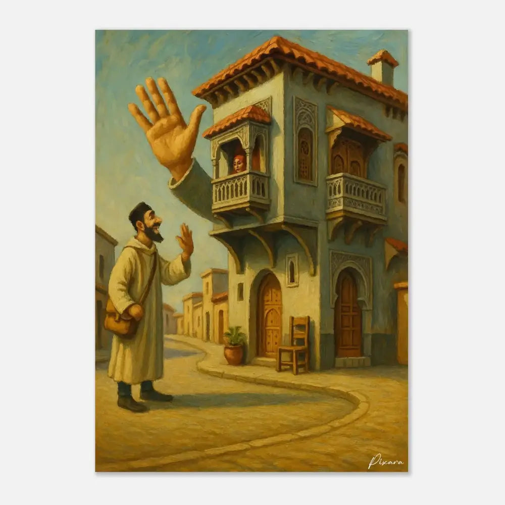 Une peinture à l’huile de style vintage représentant un homme dans une longue robe beige faisant signe à quelqu’un depuis un balcon au dernier étage d’un bâtiment méditerranéen au toit en terre cuite et aux murs bleus.