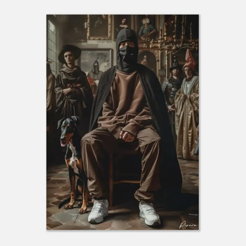 Une affiche encadrée dépeignant un homme en tenue de détente marron et masque facial noir assis sur une chaise, avec un doberman à ses côtés, sur un fond d’intérieur historique orné.