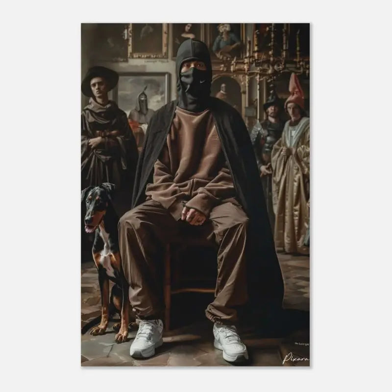 Un masque facial Nike noir porté par une personne assise dans un cadre orné et historique.