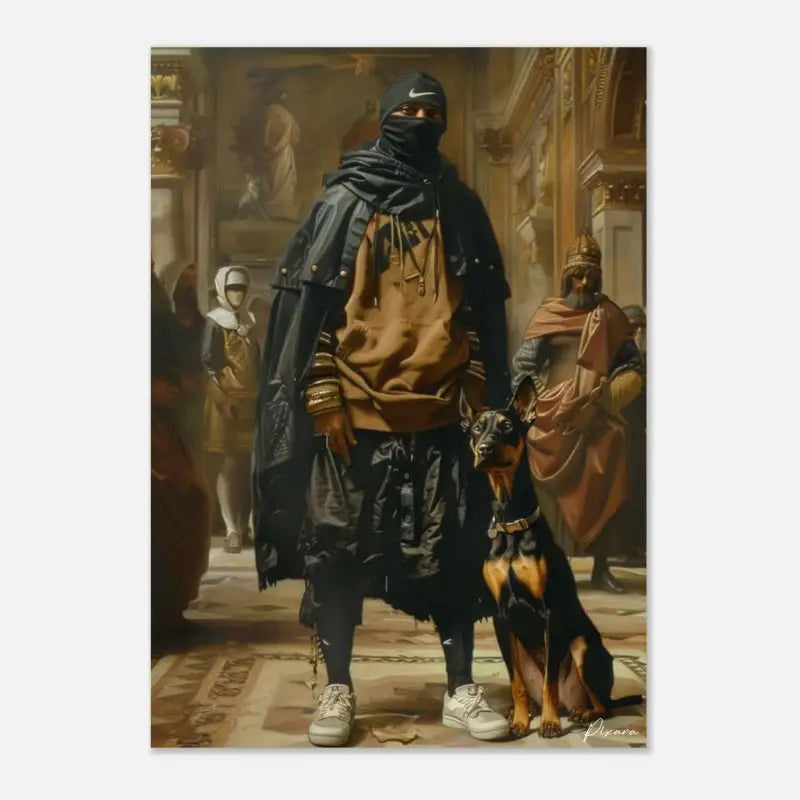 Un doberman pinscher noir et feu avec un collier doré se tient à côté d’une personne en streetwear sombre et superposé.
