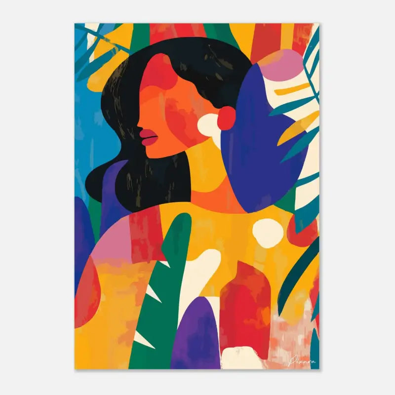 Art de portrait abstrait vibrant mettant en scène une femme aux cheveux noirs audacieux et motifs géométriques colorés en orange, jaune, violet, vert et bleu.