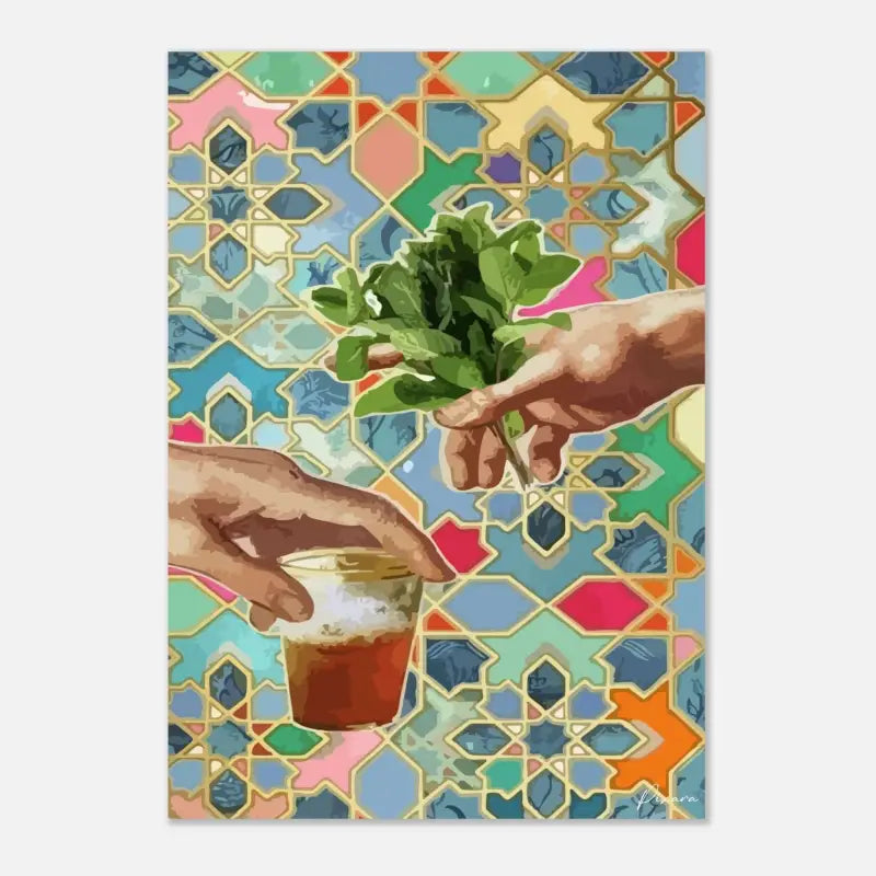 Une main tient un bouquet vibrant de verdure d’herbes fraîches sur un fond de mosaïque géométrique colorée.