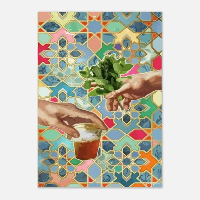 Une peinture vibrante et stylisée mettant en scène deux mains — l’une offrant un bouquet d’herbes vertes fraîches et l’autre tenant un petit bocal en verre rempli de liquide ambré sur un fond de mosaïque géométrique colorée.