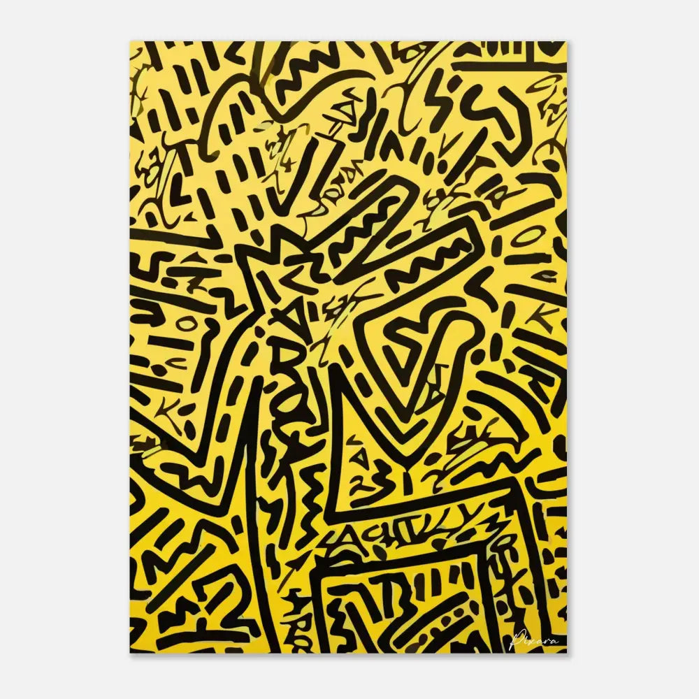 Toile jaune vif ornée d’un art linéaire noir audacieux dans un style dynamique et abstrait, avec des gribouillis énergiques et des formes géométriques.