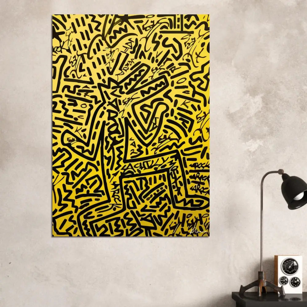 Toile jaune vif ornée d’un art abstrait linéaire audacieux en noir dans un style signature.