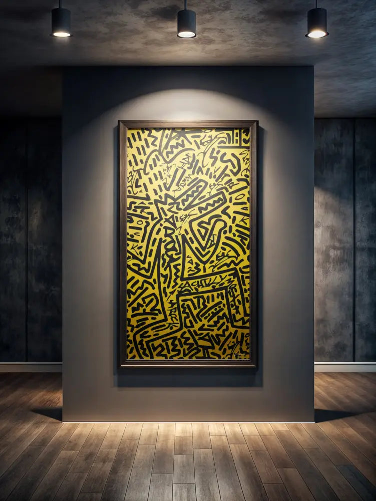 Une toile jaune vibrante avec des marques audacieuses en style graffiti noir, encadrée en bois sombre.