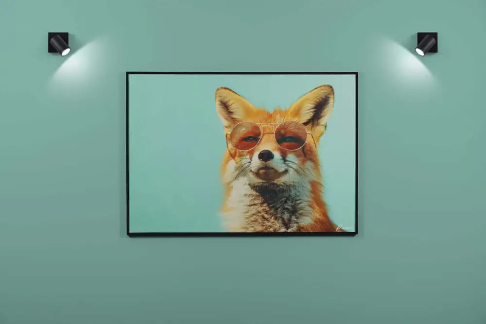 Un portrait encadré d’un renard portant des lunettes de soleil rondes aux verres ambrés avec une monture noire.