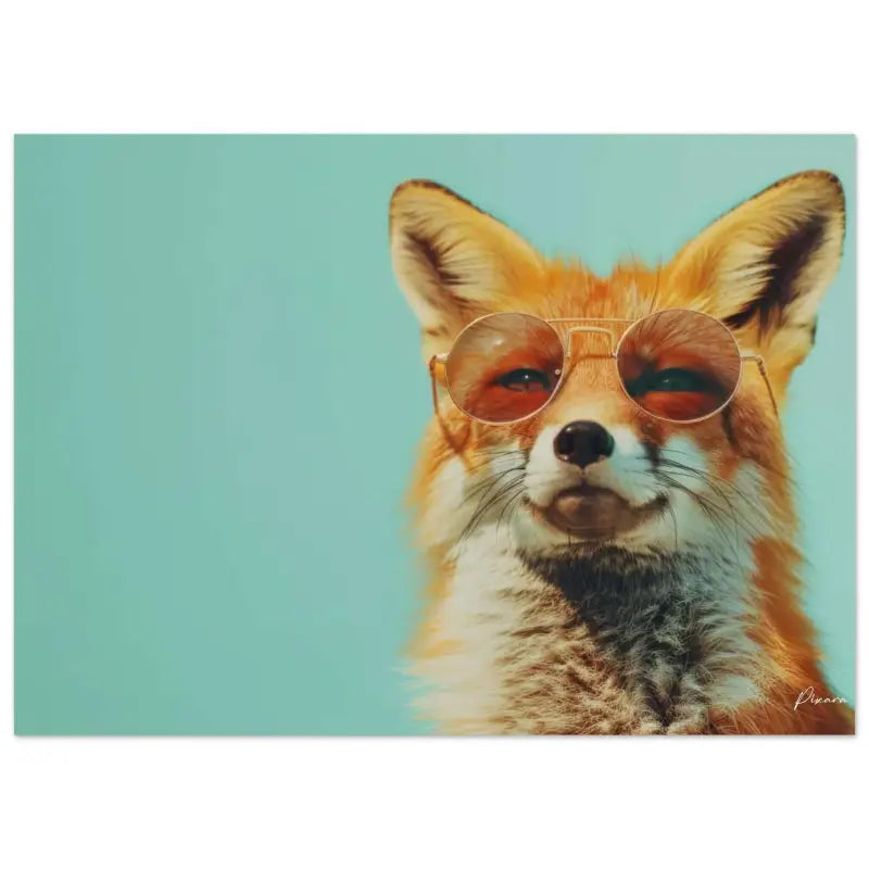 Un renard rouge stylé avec un pelage orange et blanc duveteux, portant des lunettes de soleil rondes teintées.