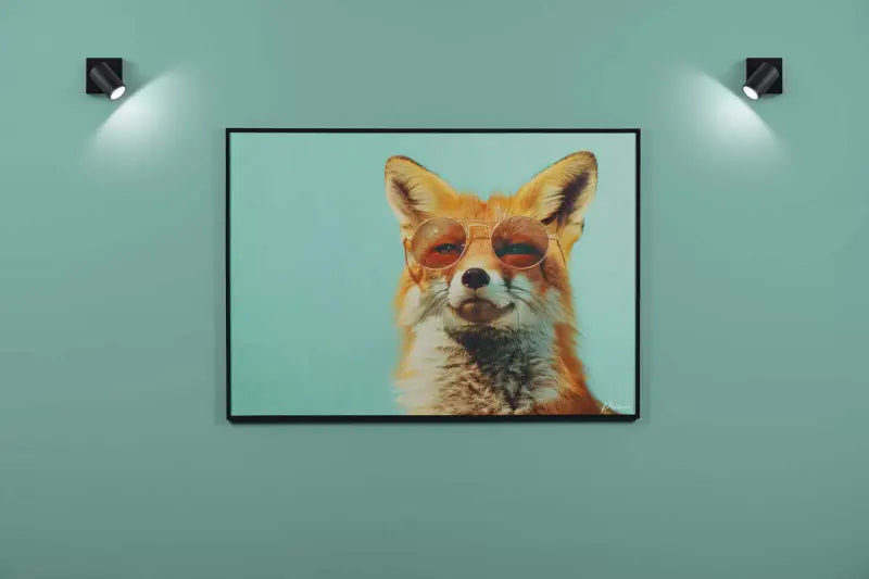 Un portrait encadré d’un renard portant des lunettes de soleil rondes aux verres ambrés avec une monture noire.