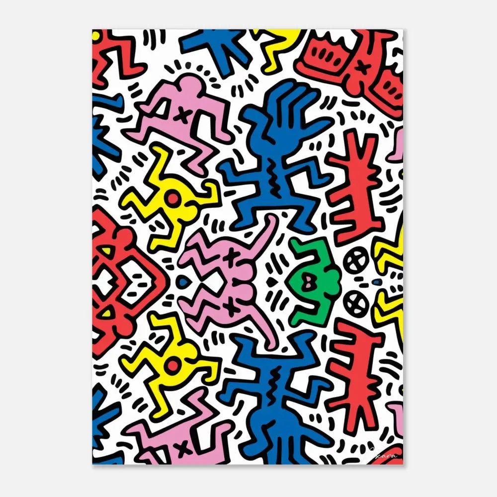 Impression d’art abstrait vibrant et coloré mettant en scène des figures stylisées en rouge, bleu, jaune, rose et vert sur un fond blanc.