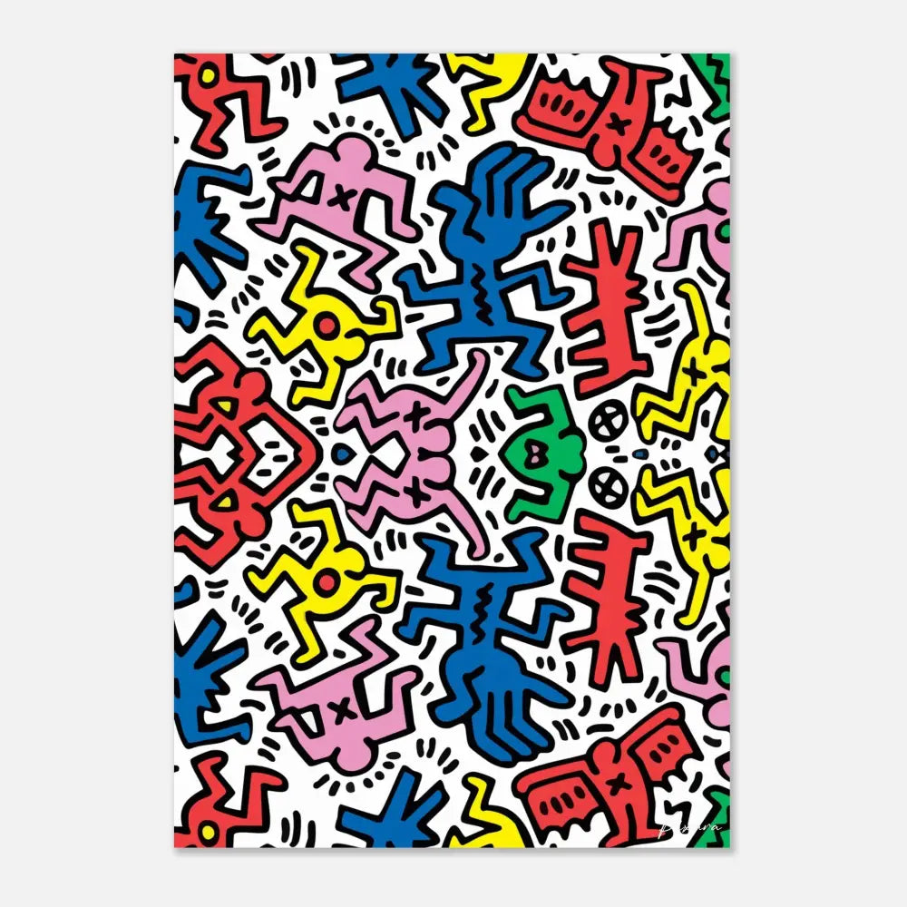 Figures de dessin animé vibrants et colorés en rouge, bleu, jaune, rose et vert sur un fond blanc.