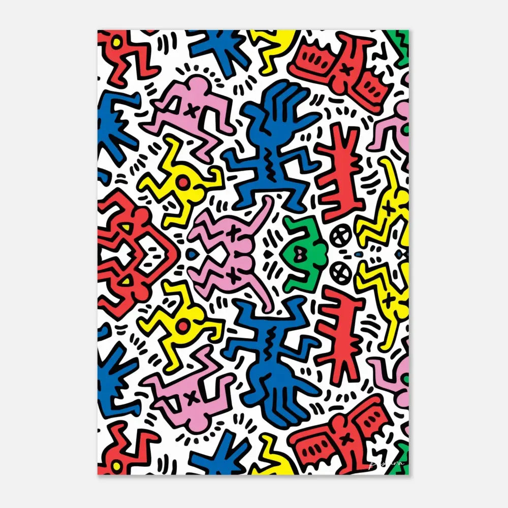 Figures de dessin animé vibrants et colorés en rouge, bleu, jaune, rose et vert sur un fond blanc.