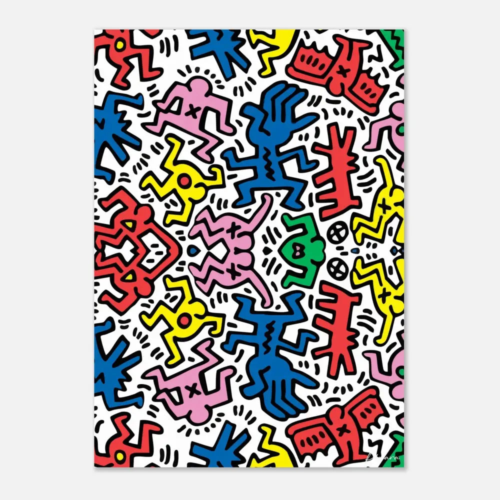 Figures de dessin animé vibrants et colorés en rouge, bleu, rose, jaune et vert sur un fond blanc.