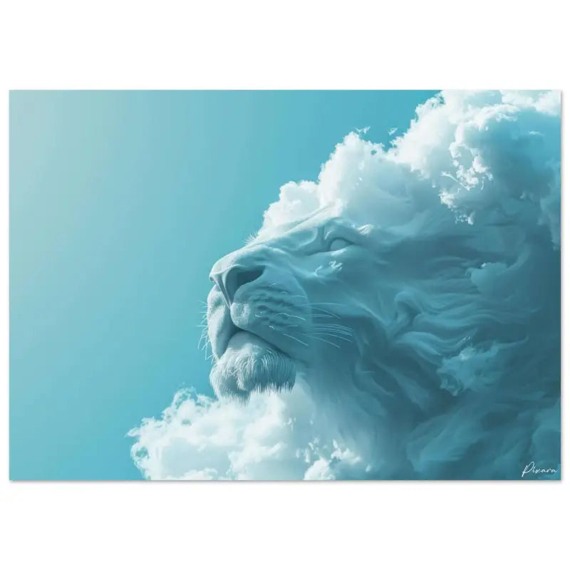 Une tête de lion sereine et stylisée rendue en tons doux de bleu et de blanc, sa crinière coulant comme des nuages contre un ciel turquoise clair.