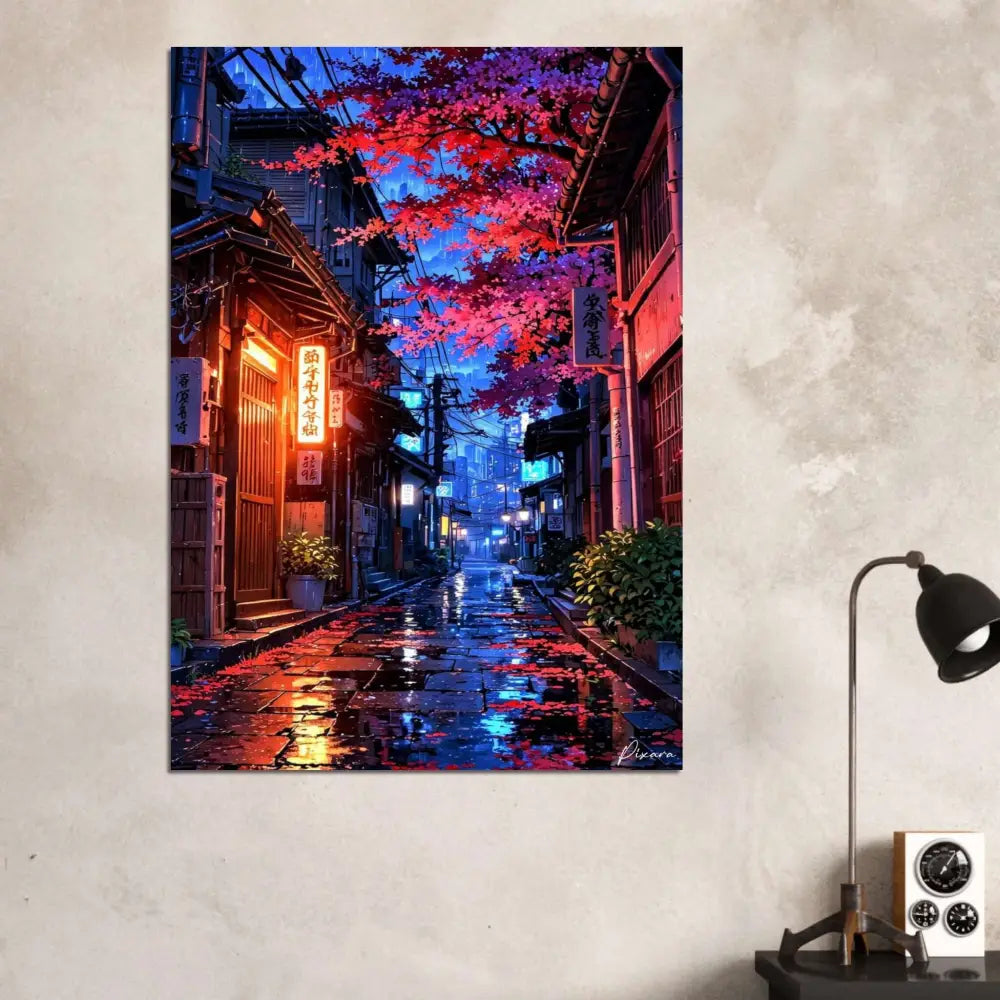 Impression sur toile d’une scène de rue japonaise illuminée par des néons vibrants, avec des teintes rouges et bleues luminescentes se reflétant sur le pavé de pierre mouillé.