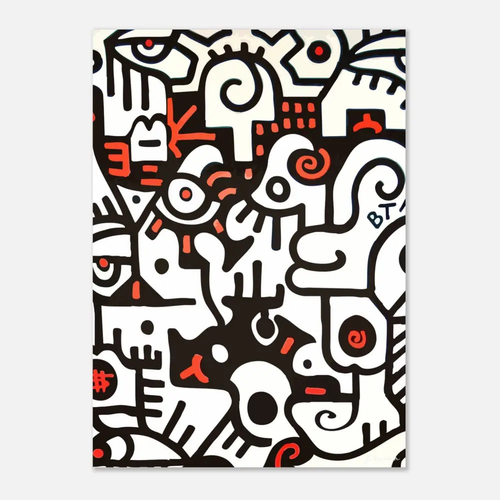 Impression d’art abstrait noir et blanc avec des accents rouges audacieux, mettant en scène des figures stylisées ressemblant à des animaux dans un design dynamique inspiré du graffiti.