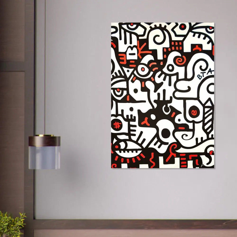 Une peinture abstraite sur toile vibrante en noir, blanc et rouge présentant un art linéaire audacieux avec des yeux stylisés et des formes géométriques.