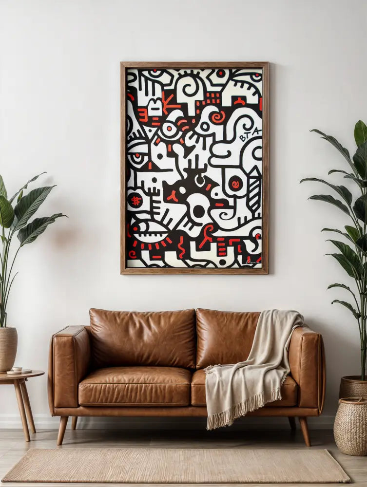 Une œuvre d’art abstraite encadrée avec des figures cartoonish audacieuses en noir, blanc et rouge sur un fond sombre.