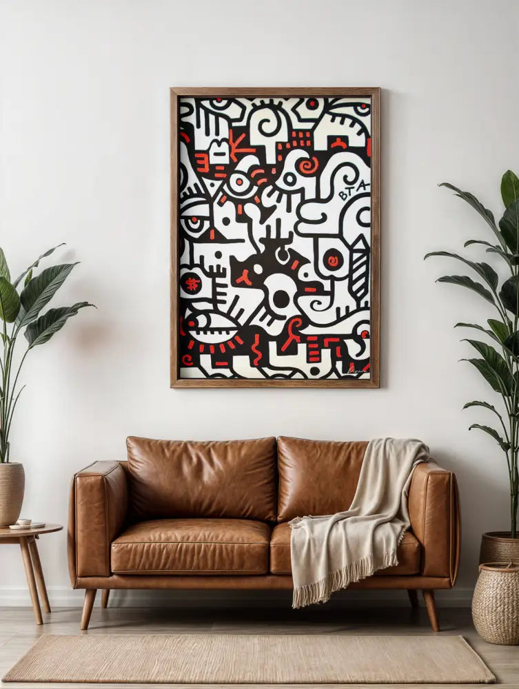 Une œuvre d’art abstraite encadrée avec des figures cartoonish audacieuses en noir, blanc et rouge sur un fond sombre.