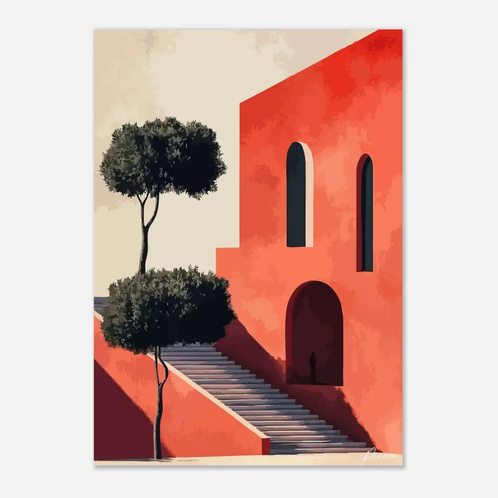 Mur architectural rouge vibrant avec fenêtres et porte cintrées, flanqué de deux arbres verts sombres sur un escalier ensoleillé