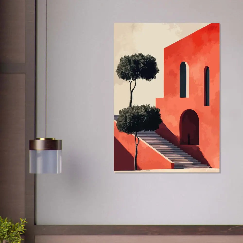 Peinture architecturale rouge vibrante présentant deux arbres vert foncé et un escalier menant à des portes cintrées.