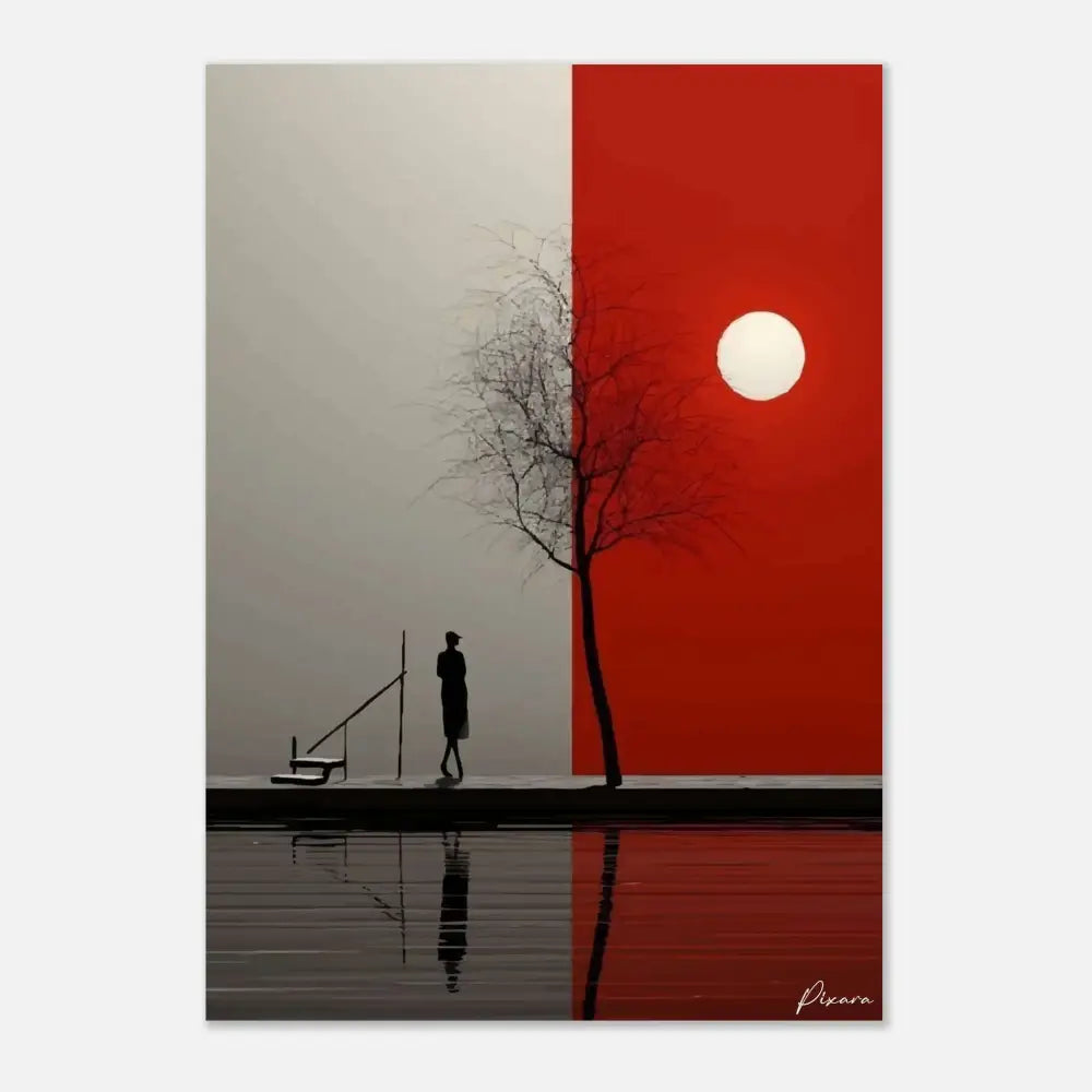 Une peinture abstraite minimaliste présentant une division verticale nette entre un gris sourd et un rouge vibrant, avec des silhouettes d’une figure solitaire, d’un arbre nu et d’un quai sur le fond.