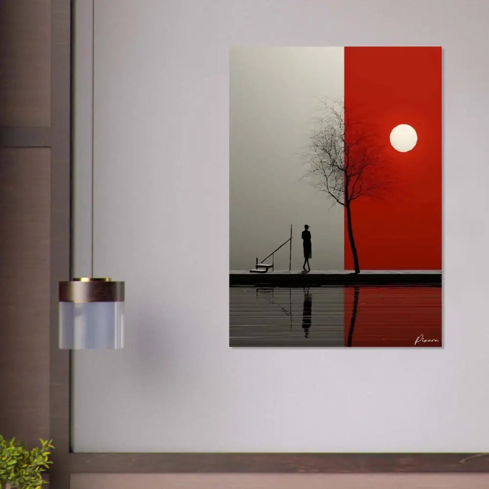 Une impression sur toile minimaliste mettant en scène une silhouette solitaire marchant à côté d’un arbre dénudé sous un soleil éclatant, divisée verticalement entre des tons gris atténués et des tons rouges vibrants.